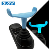 Black joystick with blue handles on a white background, featuring the brand 'GLOW'.